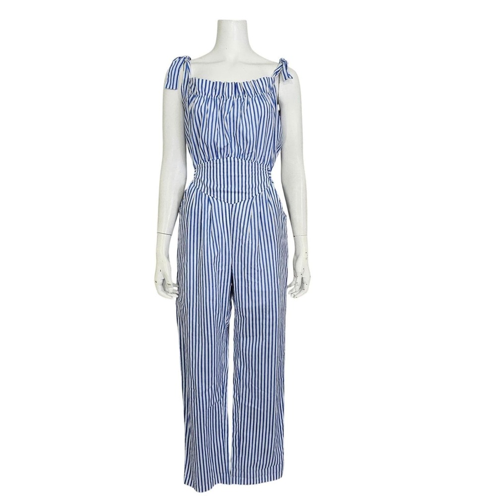 Vintage 80s Anne Rose Blue‎ White Stripe Tie Shoulder Jumpsuit Nautical Resort